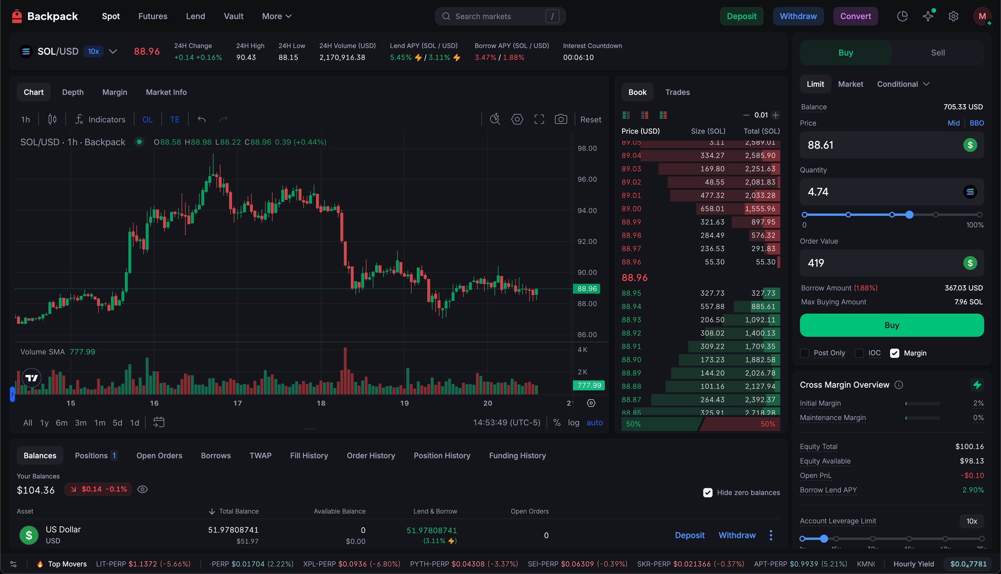Backpack spot trading screen showing the order form and chart layout.
